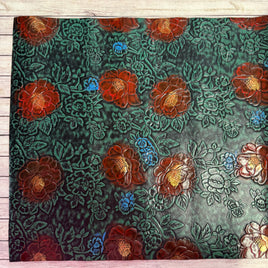 Glossy Floral Embossed Vinyl Turquoise With Red & Blue Flowers