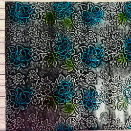 Glossy Floral Embossed Vinyl Silver With Blue & Green Flowers