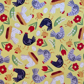 Chickens with Mixed Flowers on Yellow
