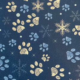 Dog Paws and Snowflakes on Blue