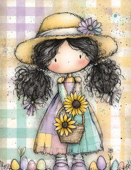 Printed Vinyl Panel 8.5x10.5 Easter Girl Brown Hair 2 Sunflowers