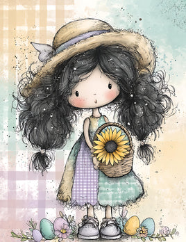 Printed Vinyl Panel 8.5x10.5 Easter Girl Brown Hair One Sunflower