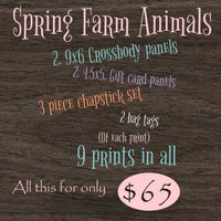 9x6 Crossbody, Gift Card, Chapstick Set, Bag Tags:  Spring Farm Animals
