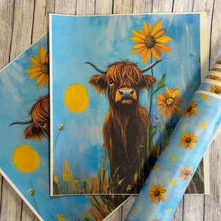 Panel Pack Highland Cow with Sunflowers on Blue