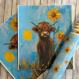 Panel Pack Highland Cow with Sunflowers on Blue