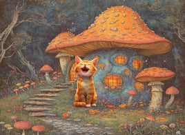 Tote Panel Cat- Orange Mushroom House