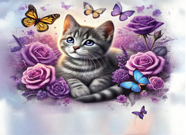 Tote Panel Cat- Gray Cat Purple Flowers