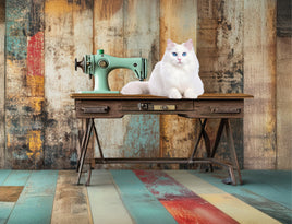 Tote Panel Cat- White Cat with Sewing Machine