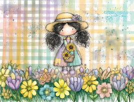 Tote Panel Easter Girl Brown Hair 2 Sunflowers