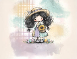 Tote Panel Easter Girl Brown Hair One Sunflower