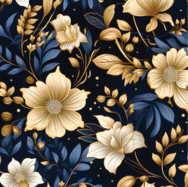 Floral Blue and Ivory on Black