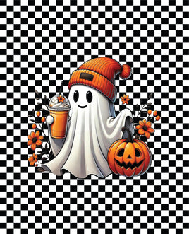 Printed Vinyl Panel 8.5x10.5 Halloween Ghost on Black and White Checks