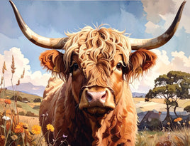 Tote Panel Highland Cow Blue Sky