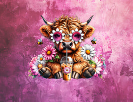 Tote Panel Highland Cow Coffee Pink Grunge