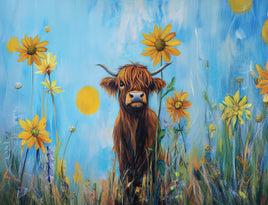 Tote Panel Highland Cow Sunflower on Blue