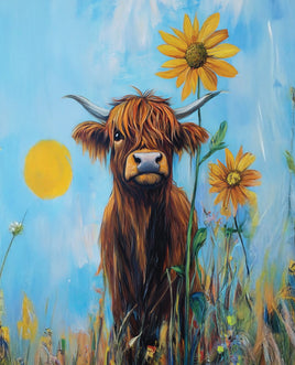 Printed Vinyl Panel 8.5x10.5 Highland Cow Sunflower on Blue