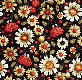 Ladybugs and Flowers on Black