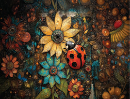Tote Panel Ladybug with Yellow and Blue Flowers