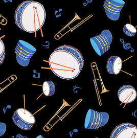 Marching Band Trombones and Drums Blue on Black