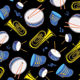 Marching Band Tubas and Drums Blue on Black