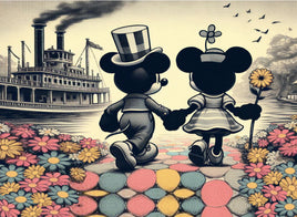 Tote Panel Mickey and Minnie Steamboat Willie with Flowers