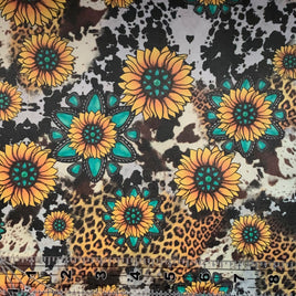 Printed Large Scale- Sunflowers with aqua on animal hide